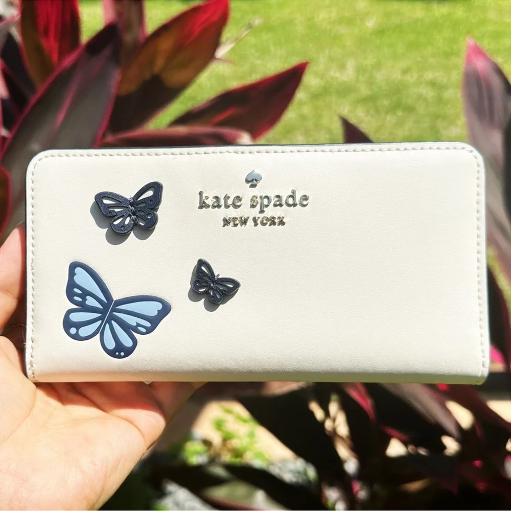 Kate Spade Staci Large Slim Bifold Butterfly Wallet Cream Multi Blue